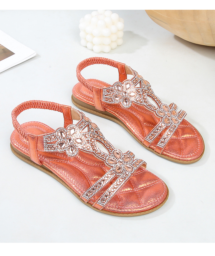  🔥Last Day 70% OFF🔥Women's 2026 Bohemian Rhinestone Flower Flat Sandals, Comfortable Elastic Ankle Strap Casual Summer Shoes