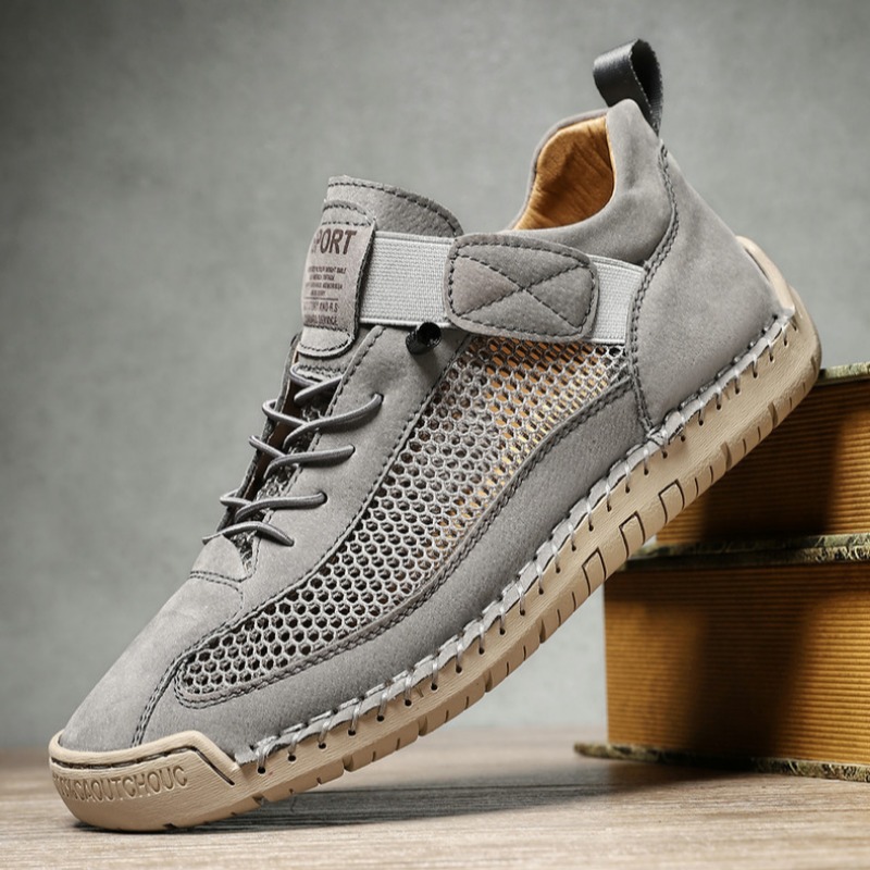 Handmade Leather Mesh Breathable Elastic Strap Casual Shoes for Easy On/Off