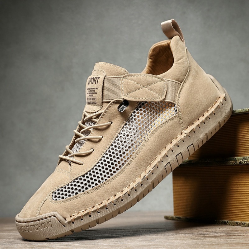 Handmade Leather Mesh Breathable Elastic Strap Casual Shoes for Easy On/Off