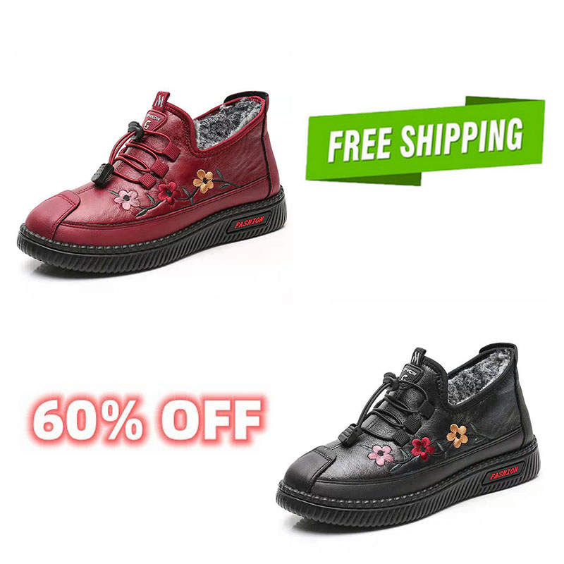 Leather Fur Moccasins Women Loafers for Elderly Females Soft Warm