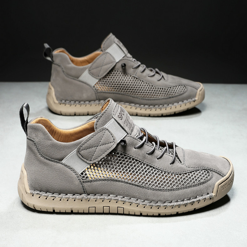 Handmade Leather Mesh Breathable Elastic Strap Casual Shoes for Easy On/Off