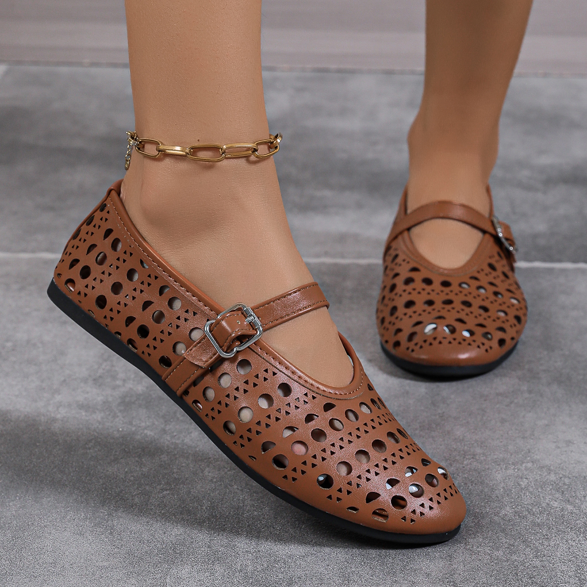 Summer Vintage Hollow-Out Flats for Women Ballet Flats Shoes Women’s Comfortable Dress Shoes Slip on Shoes Women Black Flats Round Toe PU Leather Flats