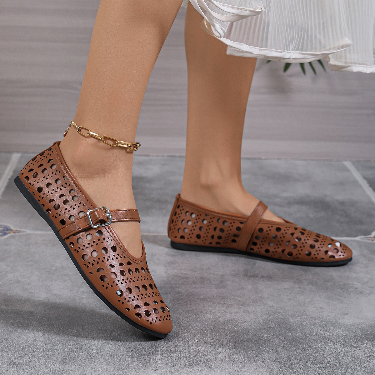 Summer Vintage Hollow-Out Flats for Women Ballet Flats Shoes Women’s Comfortable Dress Shoes Slip on Shoes Women Black Flats Round Toe PU Leather Flats