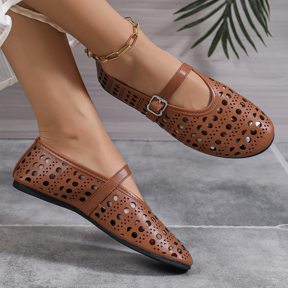 Summer Vintage Hollow-Out Flats for Women Ballet Flats Shoes Women’s Comfortable Dress Shoes Slip on Shoes Women Black Flats Round Toe PU Leather Flats