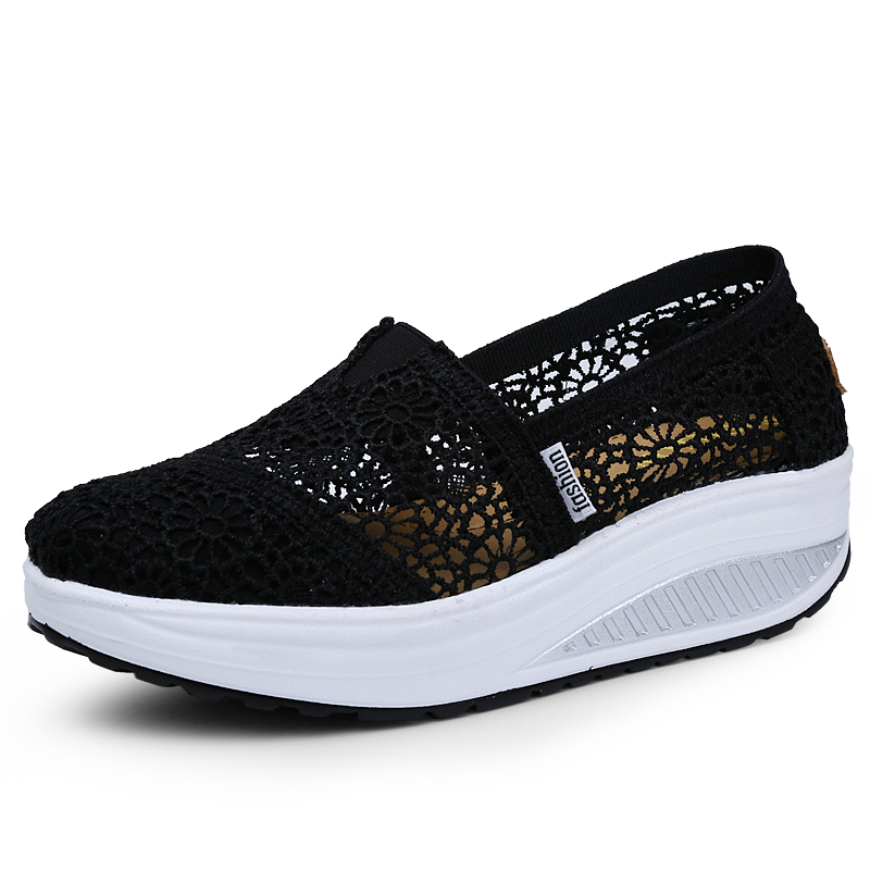 Women's Floral Embroidery Lace Mesh Air Cushion Sneakers,Comfortable Orthopedic Diabetic Walking Toning Shoes Breathable Slip On Platform Loafers Casual Fashion Rocker Shoes
