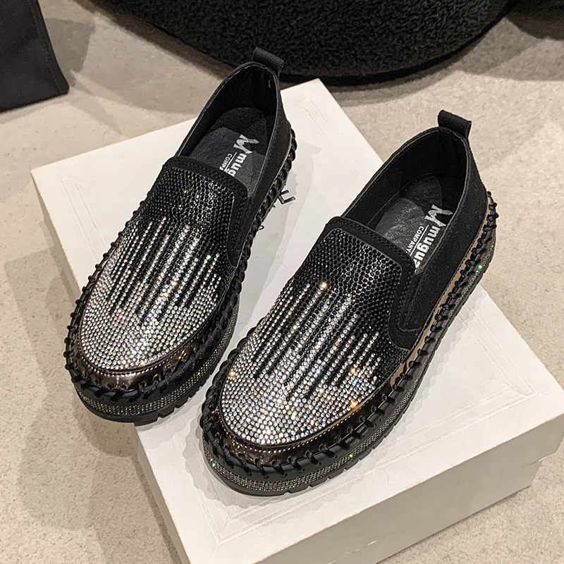 Women's Rhinestone Loafers Platform Sneakers,Casual Fashion Bling Round Toe Slip On Flats Low Cut Work Walking Shoes