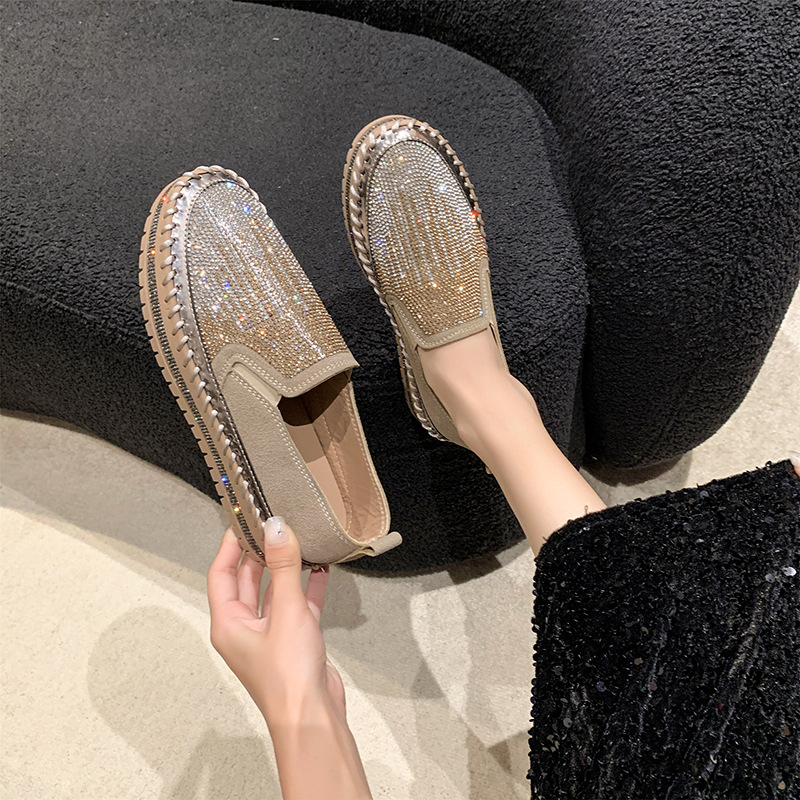Women's Rhinestone Loafers Platform Sneakers,Casual Fashion Bling Round Toe Slip On Flats Low Cut Work Walking Shoes