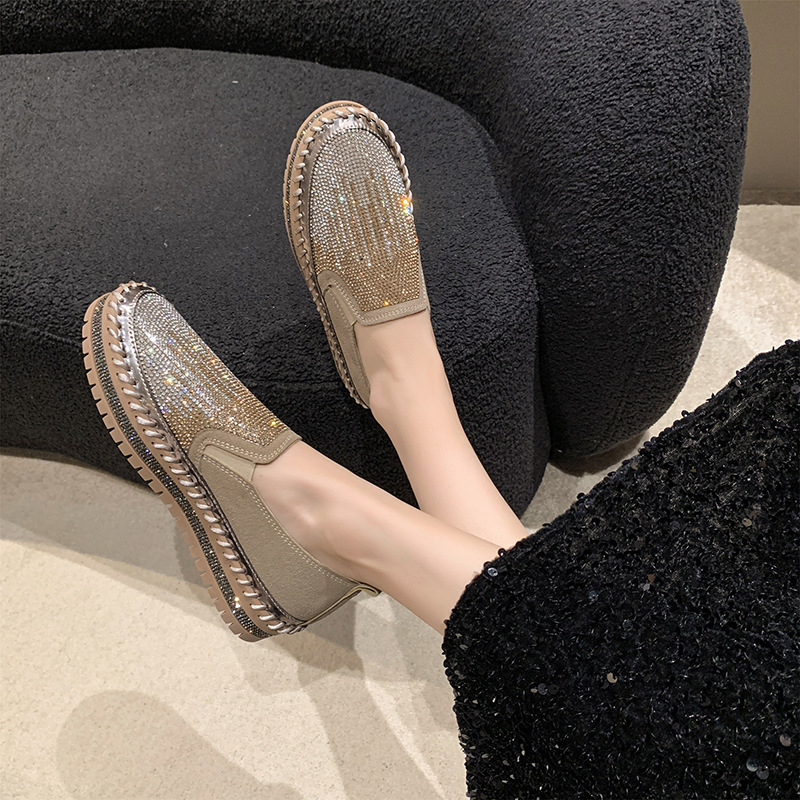 Women's Rhinestone Loafers Platform Sneakers,Casual Fashion Bling Round Toe Slip On Flats Low Cut Work Walking Shoes