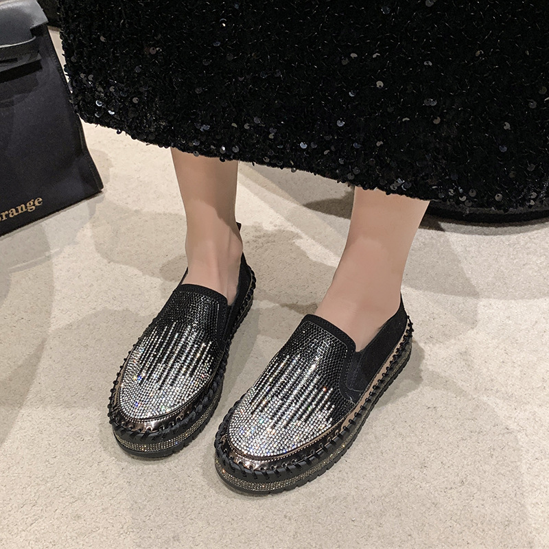 Women's Rhinestone Loafers Platform Sneakers,Casual Fashion Bling Round Toe Slip On Flats Low Cut Work Walking Shoes