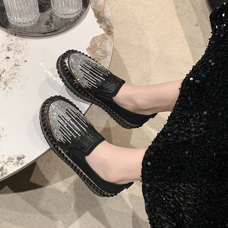 Women's Rhinestone Loafers Platform Sneakers,Casual Fashion Bling Round Toe Slip On Flats Low Cut Work Walking Shoes