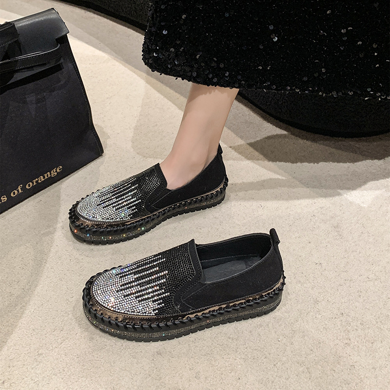 Women's Rhinestone Loafers Platform Sneakers,Casual Fashion Bling Round Toe Slip On Flats Low Cut Work Walking Shoes