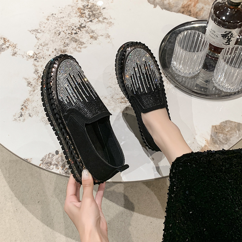 Women's Rhinestone Loafers Platform Sneakers,Casual Fashion Bling Round Toe Slip On Flats Low Cut Work Walking Shoes