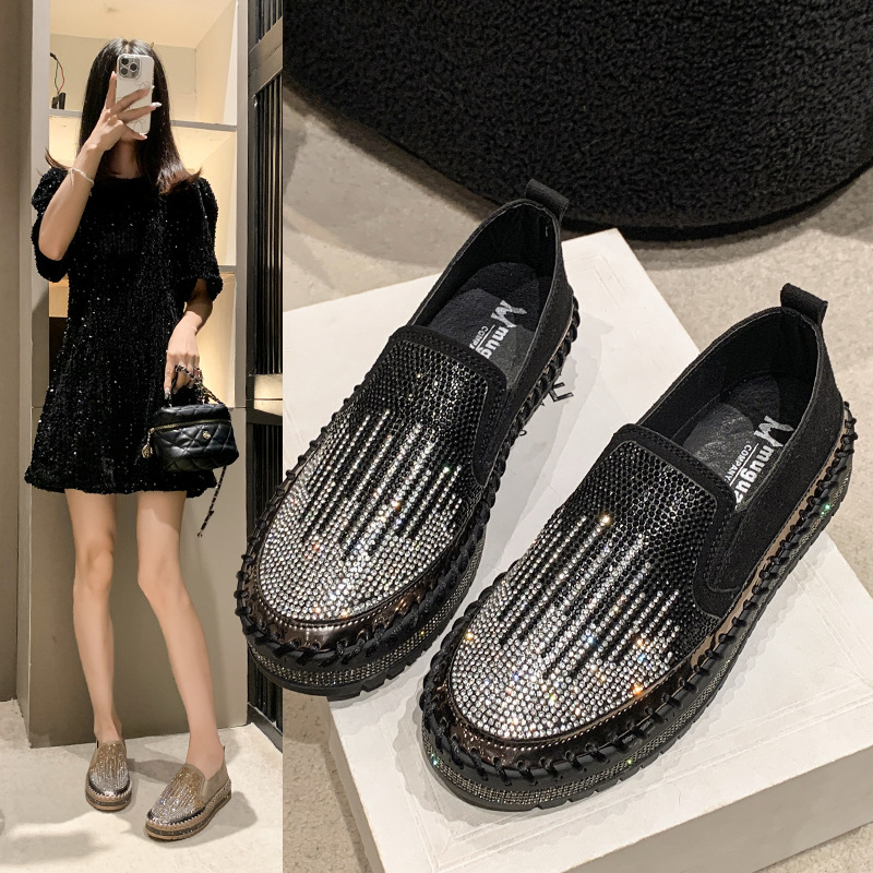 Women's Rhinestone Loafers Platform Sneakers,Casual Fashion Bling Round Toe Slip On Flats Low Cut Work Walking Shoes