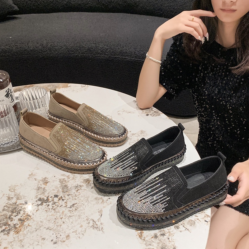 Women's Rhinestone Loafers Platform Sneakers,Casual Fashion Bling Round Toe Slip On Flats Low Cut Work Walking Shoes