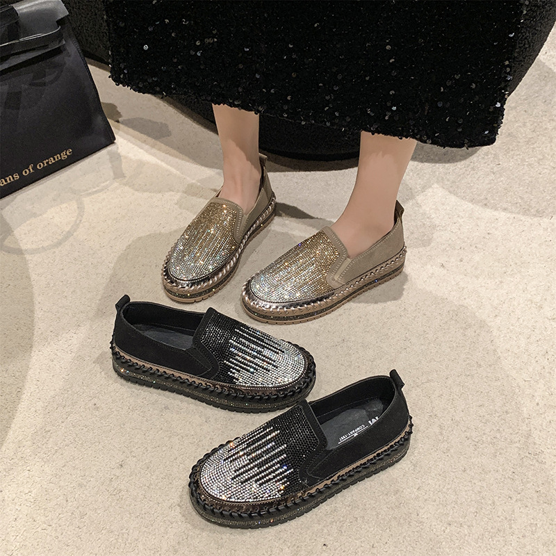 Women's Rhinestone Loafers Platform Sneakers,Casual Fashion Bling Round Toe Slip On Flats Low Cut Work Walking Shoes