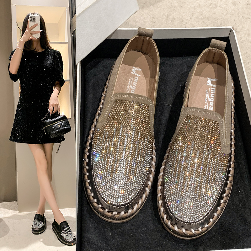 Women's Rhinestone Loafers Platform Sneakers,Casual Fashion Bling Round Toe Slip On Flats Low Cut Work Walking Shoes