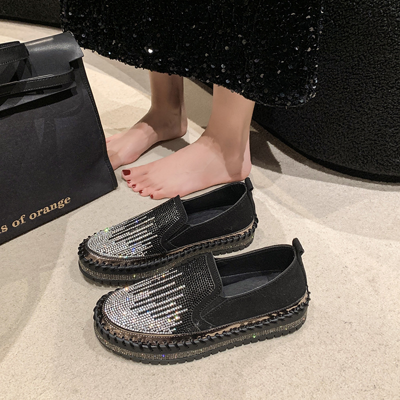 Women's Rhinestone Loafers Platform Sneakers,Casual Fashion Bling Round Toe Slip On Flats Low Cut Work Walking Shoes