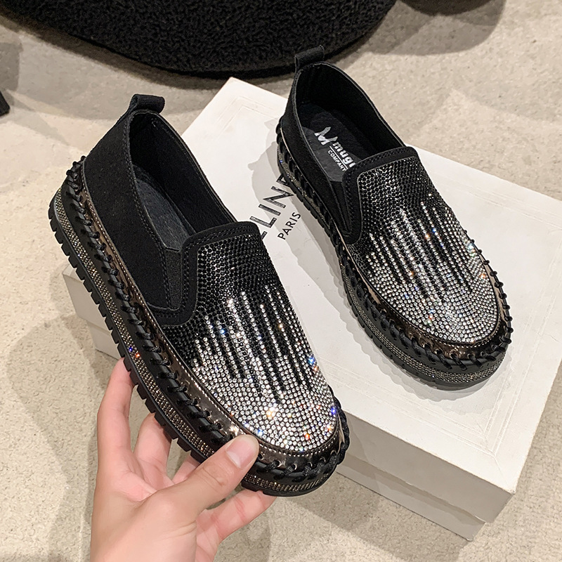 Women's Rhinestone Loafers Platform Sneakers,Casual Fashion Bling Round Toe Slip On Flats Low Cut Work Walking Shoes