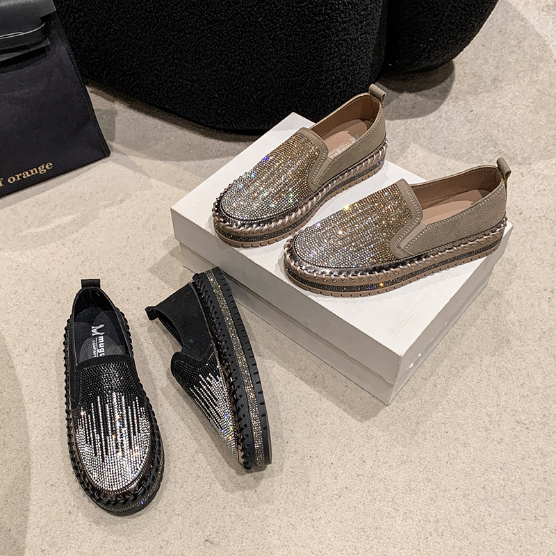 Women's Rhinestone Loafers Platform Sneakers,Casual Fashion Bling Round Toe Slip On Flats Low Cut Work Walking Shoes