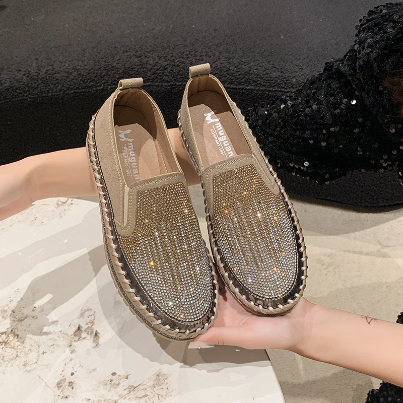 Women's Rhinestone Loafers Platform Sneakers,Casual Fashion Bling Round Toe Slip On Flats Low Cut Work Walking Shoes