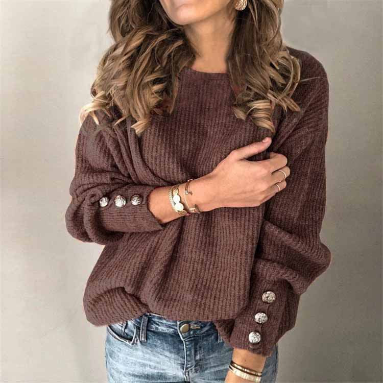 Women's Street Hipster Long-sleeved Round Neck Button Sweater Top T-shirt