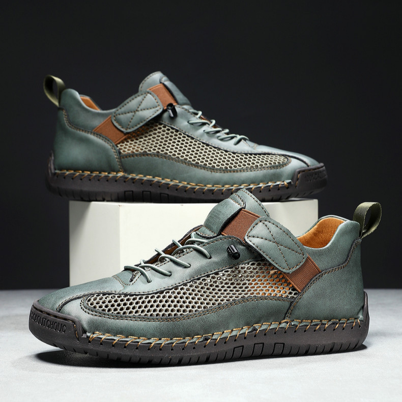 Handmade Leather Mesh Breathable Elastic Strap Casual Shoes for Easy On/Off