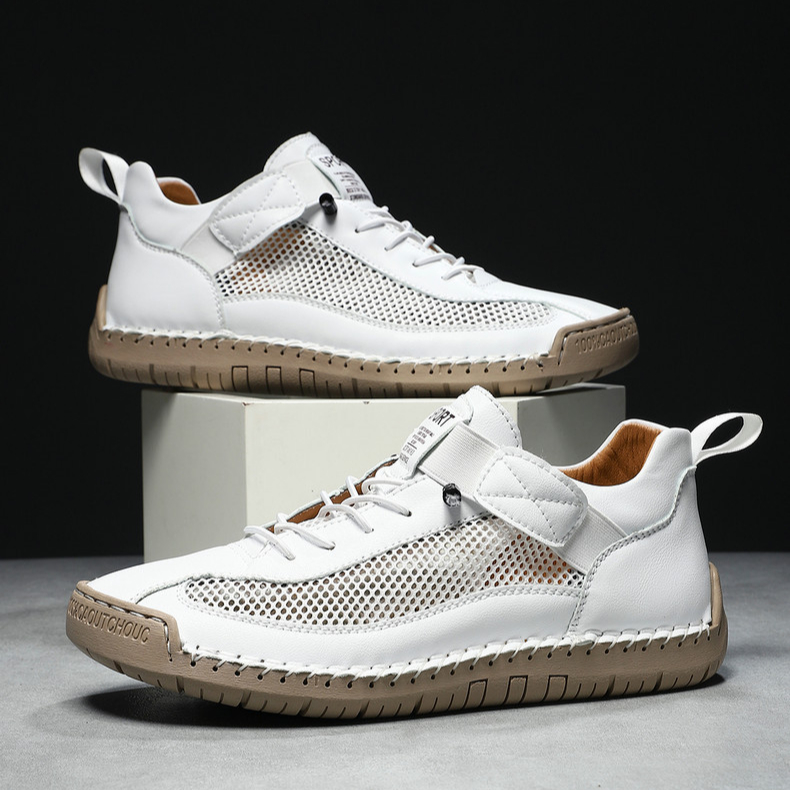 Handmade Leather Mesh Breathable Elastic Strap Casual Shoes for Easy On/Off