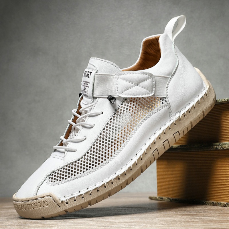 Handmade Leather Mesh Breathable Elastic Strap Casual Shoes for Easy On/Off