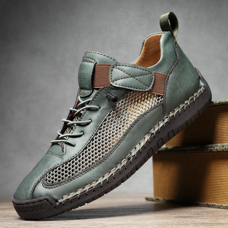 Handmade Leather Mesh Breathable Elastic Strap Casual Shoes for Easy On/Off