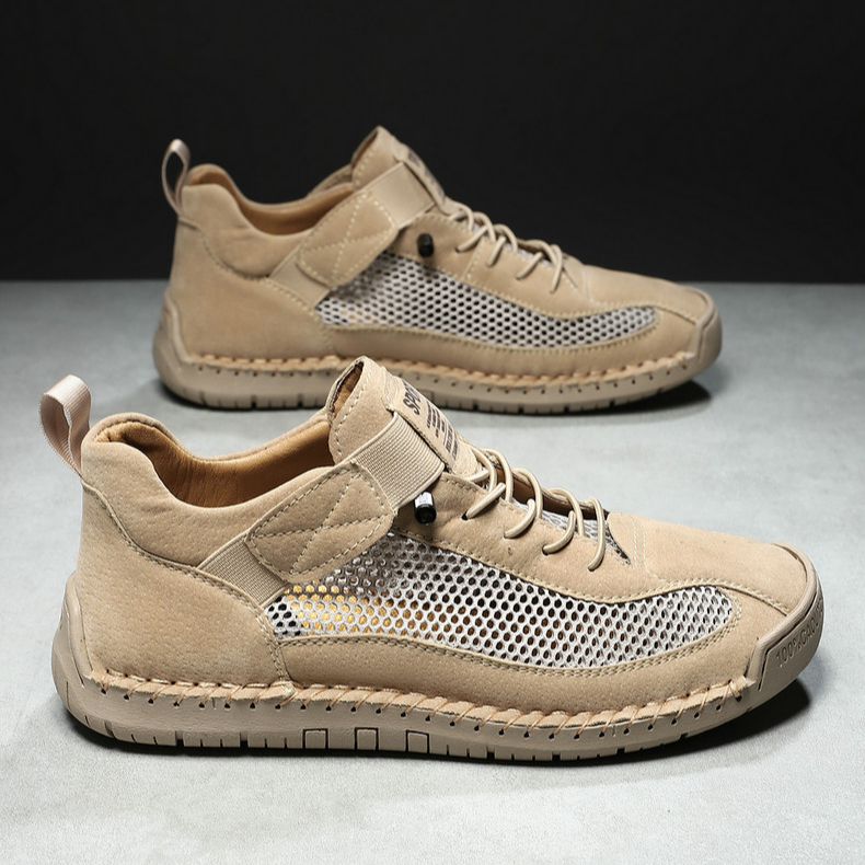 Handmade Leather Mesh Breathable Elastic Strap Casual Shoes for Easy On/Off