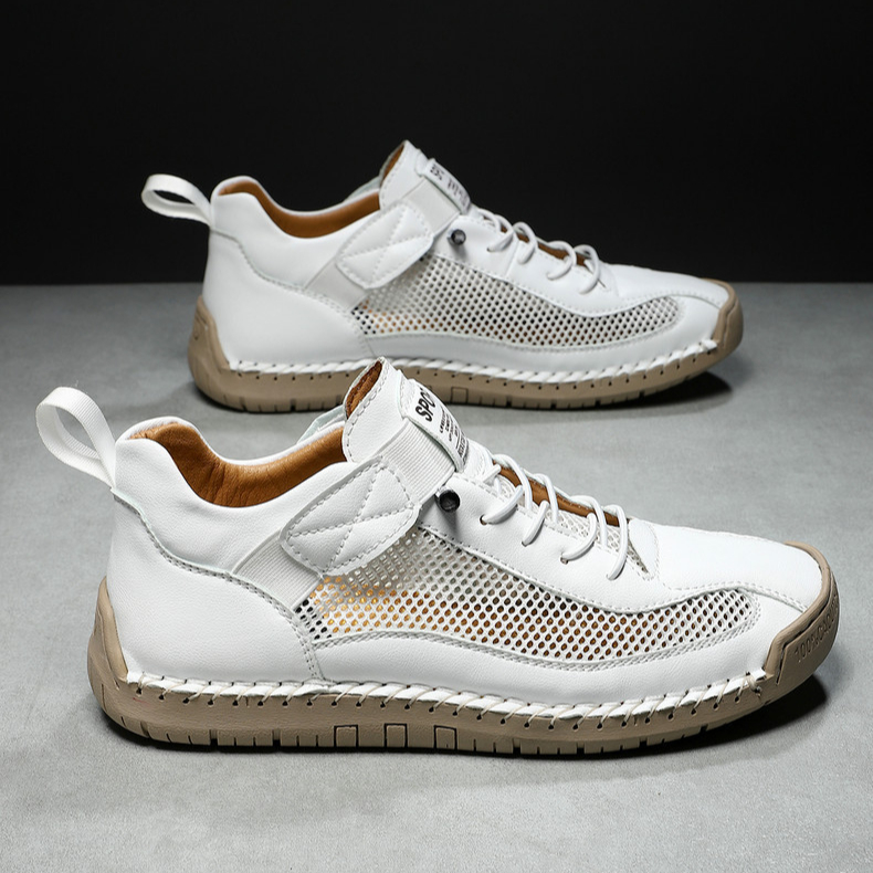 Handmade Leather Mesh Breathable Elastic Strap Casual Shoes for Easy On/Off