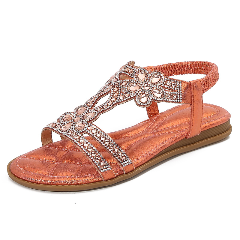  🔥Last Day 70% OFF🔥Women's 2026 Bohemian Rhinestone Flower Flat Sandals, Comfortable Elastic Ankle Strap Casual Summer Shoes