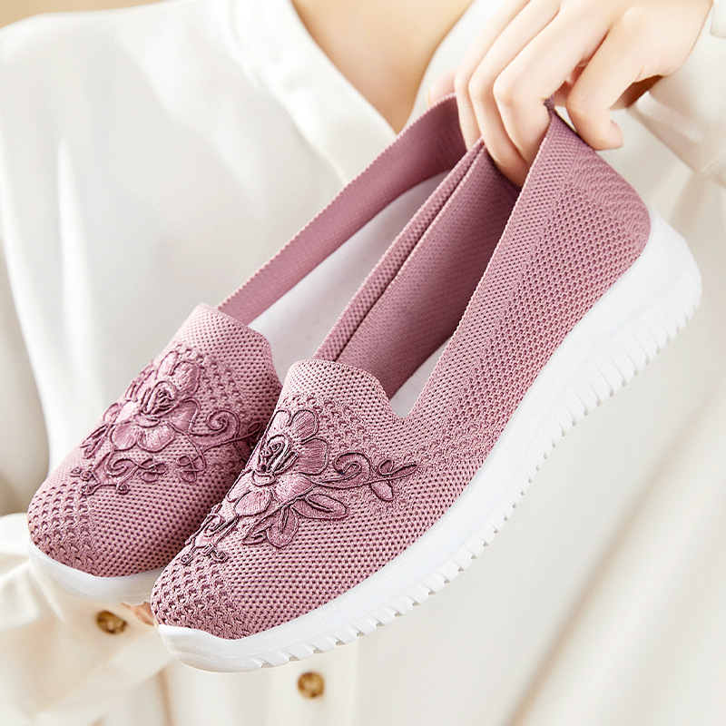  Women's Knitted Embroidery Sneakers, Lightweight Breathable Slip On Orthopedic Soft Sole Shoes