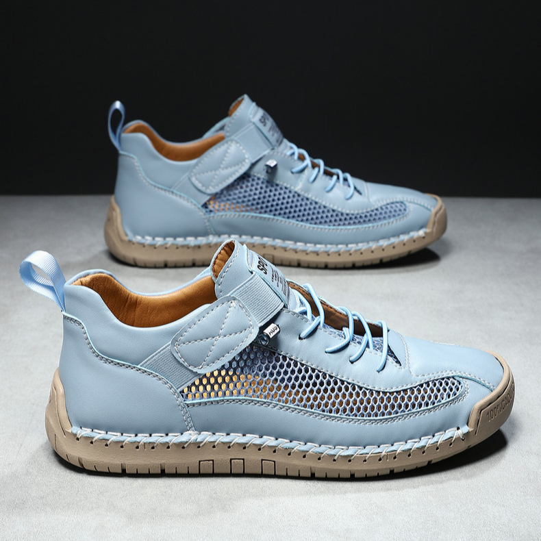 Handmade Leather Mesh Breathable Elastic Strap Casual Shoes for Easy On/Off