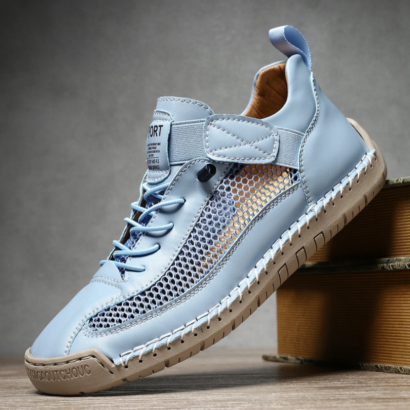 Handmade Leather Mesh Breathable Elastic Strap Casual Shoes for Easy On/Off