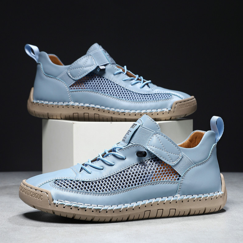 Handmade Leather Mesh Breathable Elastic Strap Casual Shoes for Easy On/Off