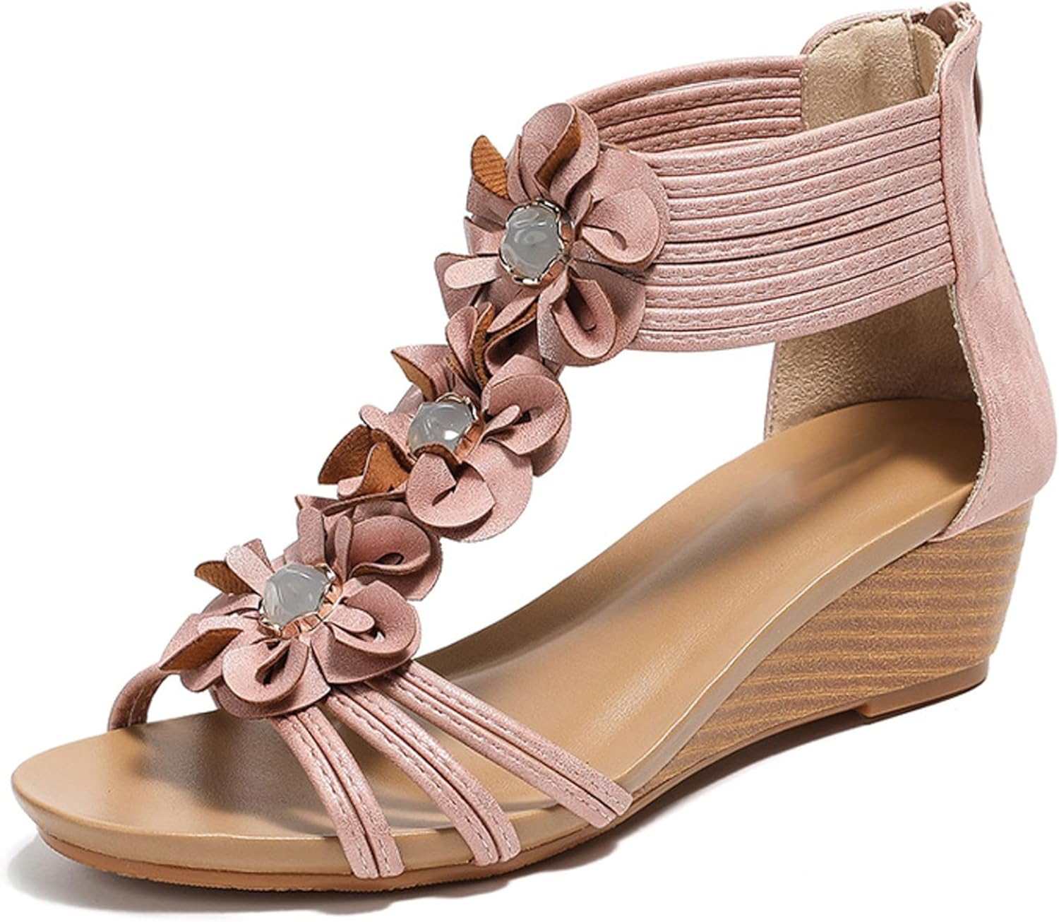  🔥Last Day 70% OFF🔥Women's Bohemian Floral Embellished Wedge Sandals, Stylish Rhinestone T-Strap Heeled Sandals for Casual & Dressy Wear