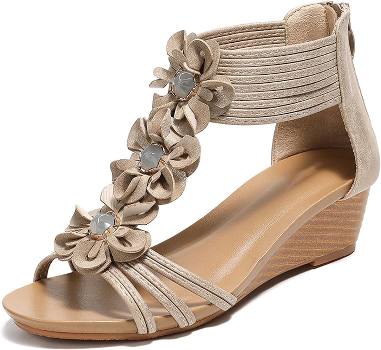  🔥Last Day 70% OFF🔥Women's Bohemian Floral Embellished Wedge Sandals, Stylish Rhinestone T-Strap Heeled Sandals for Casual & Dressy Wear