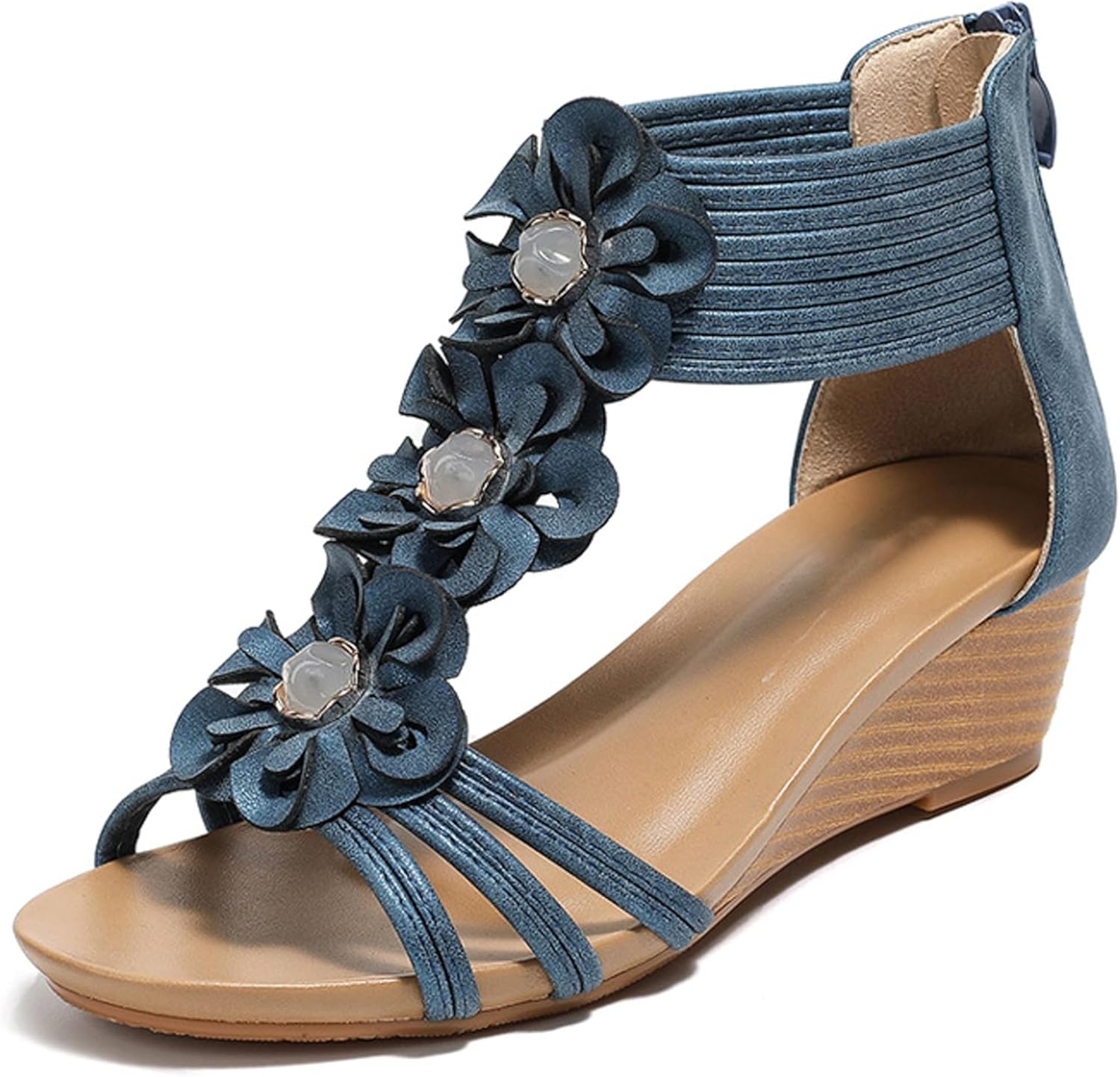  🔥Last Day 70% OFF🔥Women's Bohemian Floral Embellished Wedge Sandals, Stylish Rhinestone T-Strap Heeled Sandals for Casual & Dressy Wear