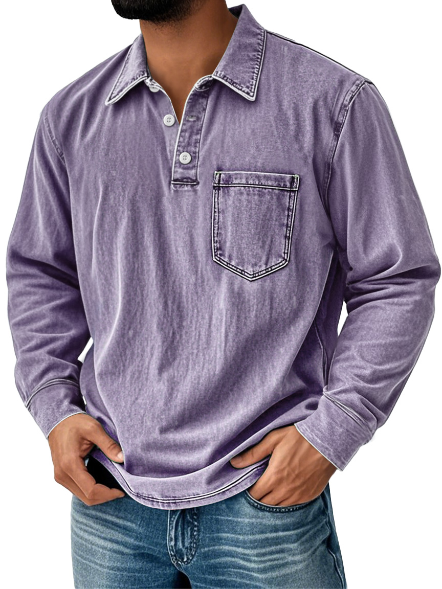Men's Vintage Distressed Lapel Pocket Casual Long-sleeved Polo Shirt