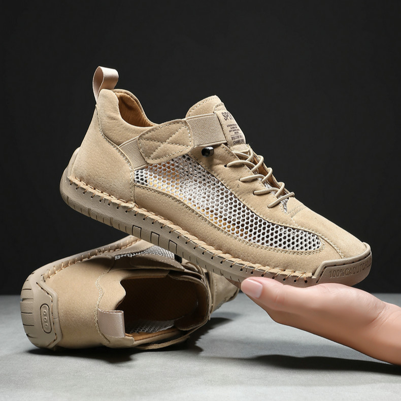 Handmade Leather Mesh Breathable Elastic Strap Casual Shoes for Easy On/Off