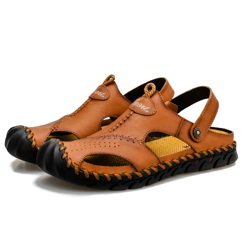 Cross-Border Large Size Men'S Sandals Beach Sandals Dual-Purpose Men'S Breathable Casual Hollow Leather Sandals Two-Layer Cowhide Men'S Shoes