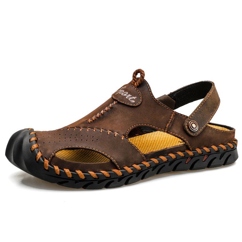 Cross-Border Large Size Men'S Sandals Beach Sandals Dual-Purpose Men'S Breathable Casual Hollow Leather Sandals Two-Layer Cowhide Men'S Shoes