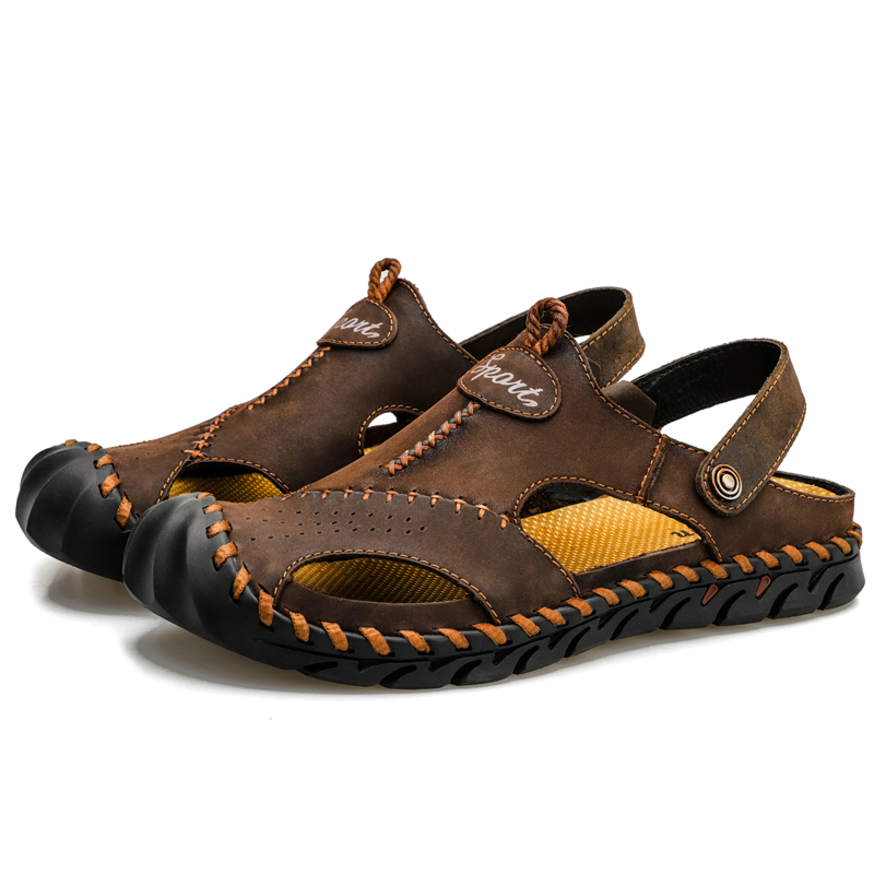 Cross-Border Large Size Men'S Sandals Beach Sandals Dual-Purpose Men'S Breathable Casual Hollow Leather Sandals Two-Layer Cowhide Men'S Shoes