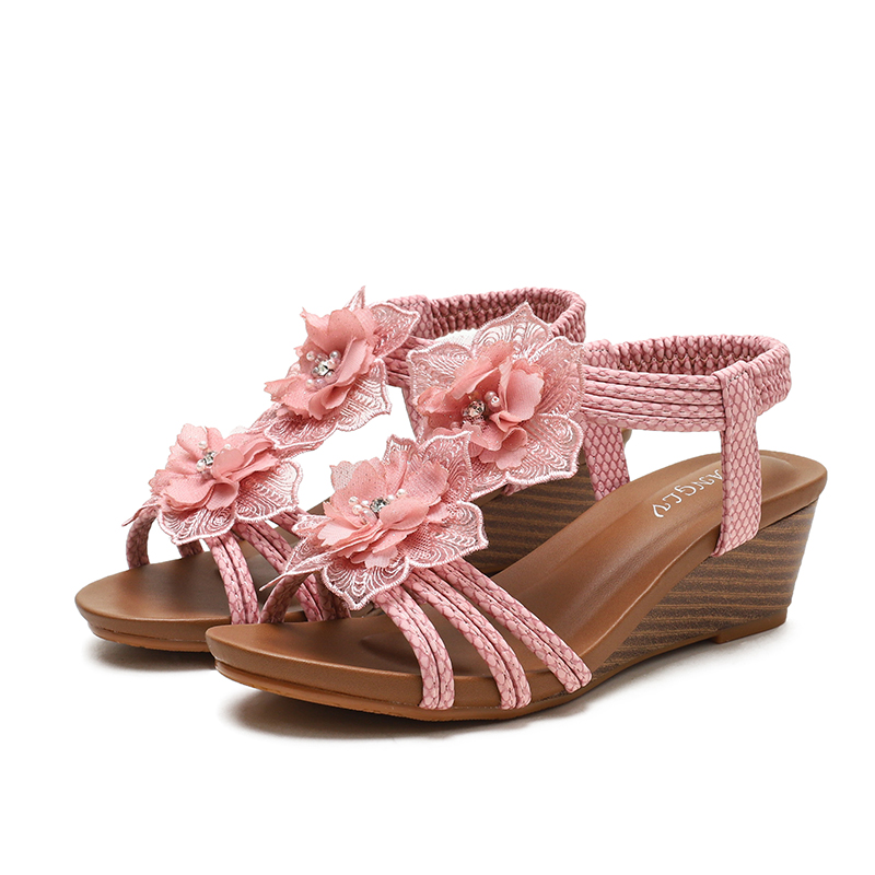 Wedge Roman Shoes Women'S 2026 Summer Bohemian Retro Flower Vacation Sandals Women'S Large Size Women'S Shoes 1418-738