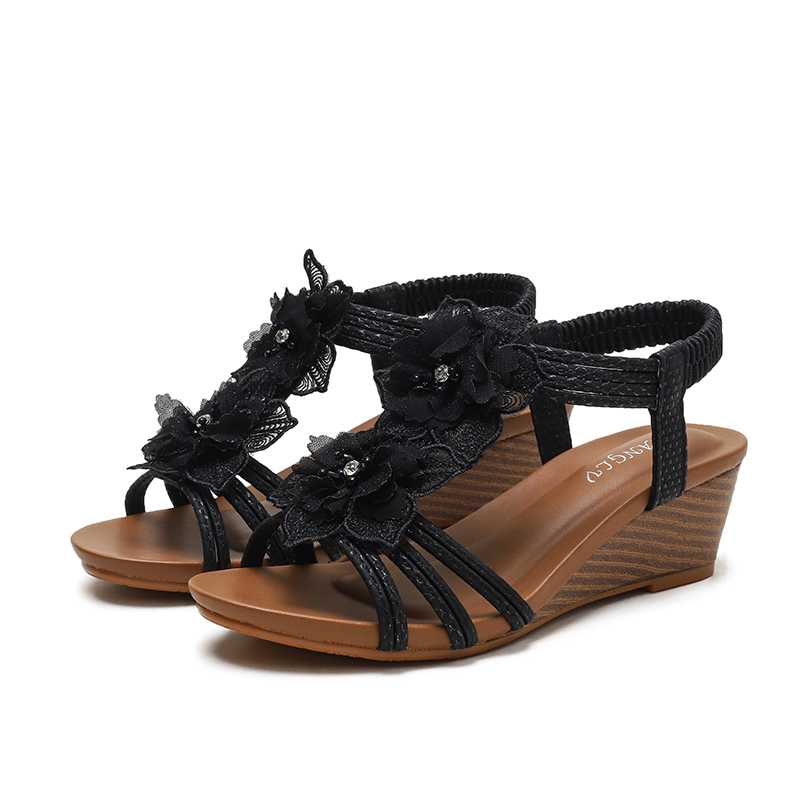 Wedge Roman Shoes Women'S 2026 Summer Bohemian Retro Flower Vacation Sandals Women'S Large Size Women'S Shoes 1418-738