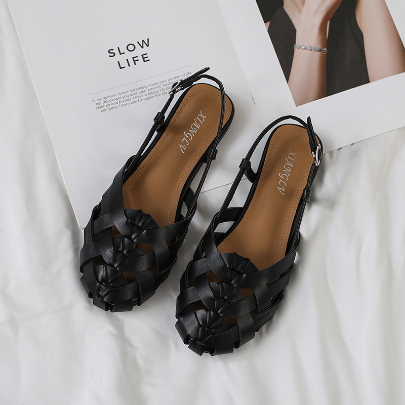 🔥Last Day 60% OFF🔥Women's Woven Closed-Toe Slingback Sandals, Breathable Hollow-Out Flat Roman Shoes with Adjustable Buckle