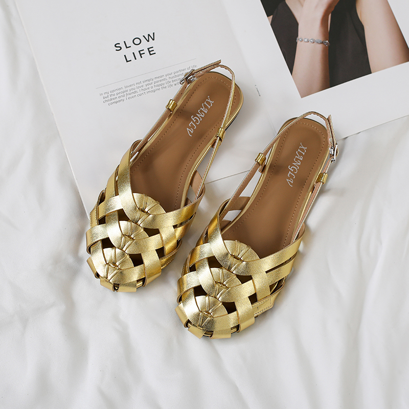 🔥Last Day 60% OFF🔥Women's Woven Closed-Toe Slingback Sandals, Breathable Hollow-Out Flat Roman Shoes with Adjustable Buckle