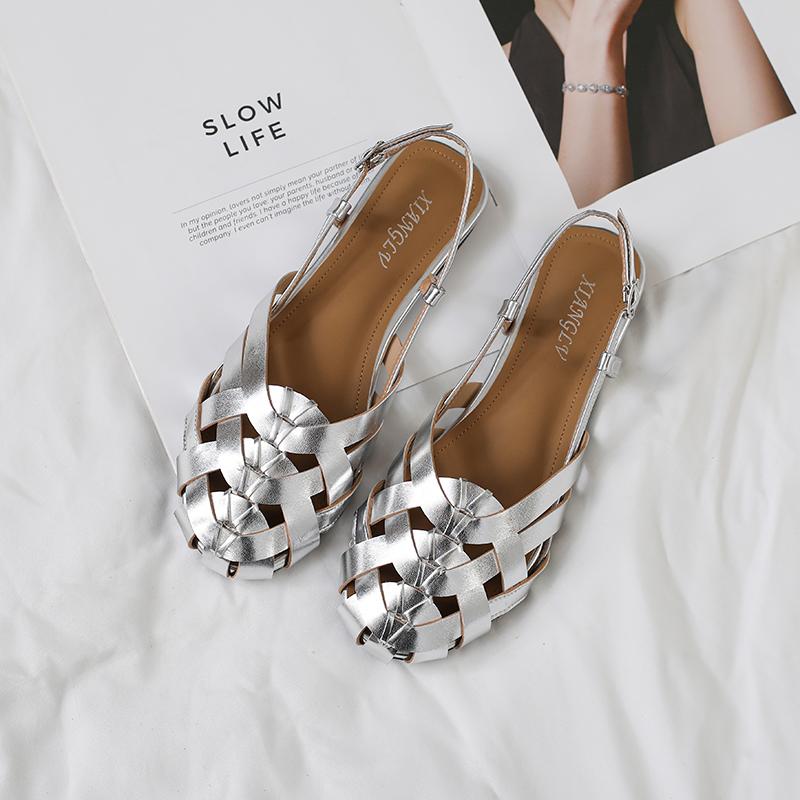 🔥Last Day 60% OFF🔥Women's Woven Closed-Toe Slingback Sandals, Breathable Hollow-Out Flat Roman Shoes with Adjustable Buckle