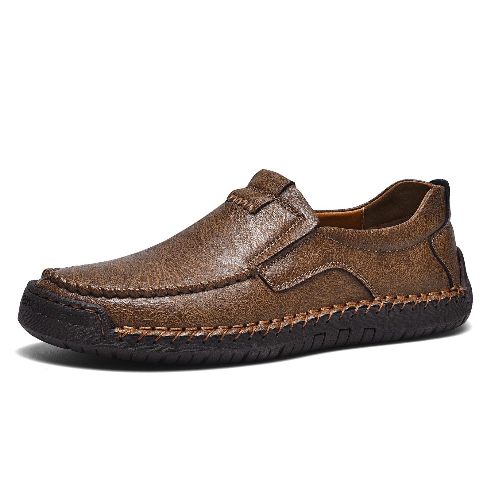 Men's Brown Genuine Leather Slip-On Loafers - Casual Comfort Shoes with Stitched Detailing